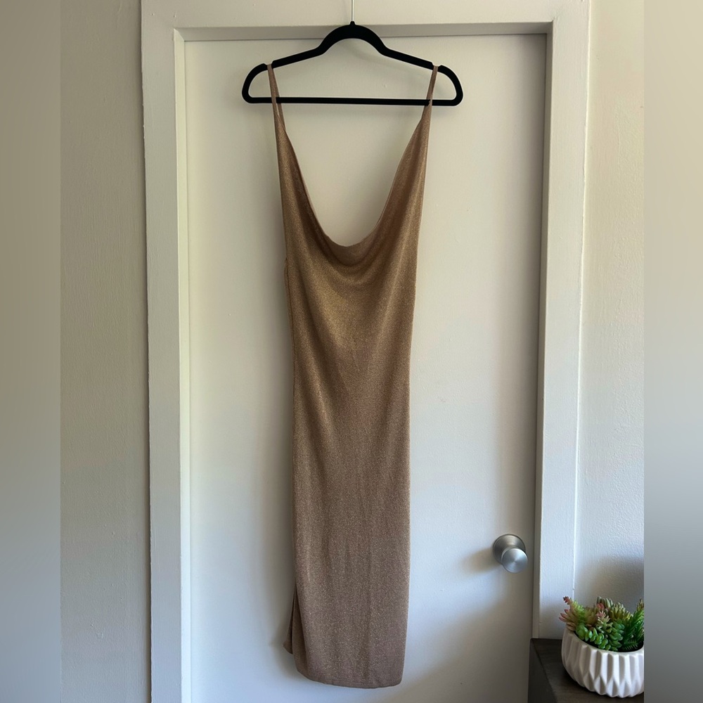 Superdown gold shimmer sparkle bodycon slit midi dress